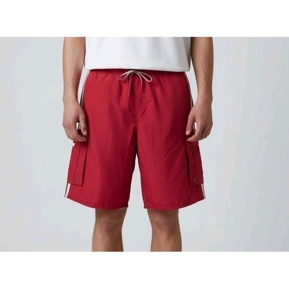 SIDEOUT Long Shorts Swim Trunks Sz M Red Drawstring Cargo Pockets Rave Punk Surf